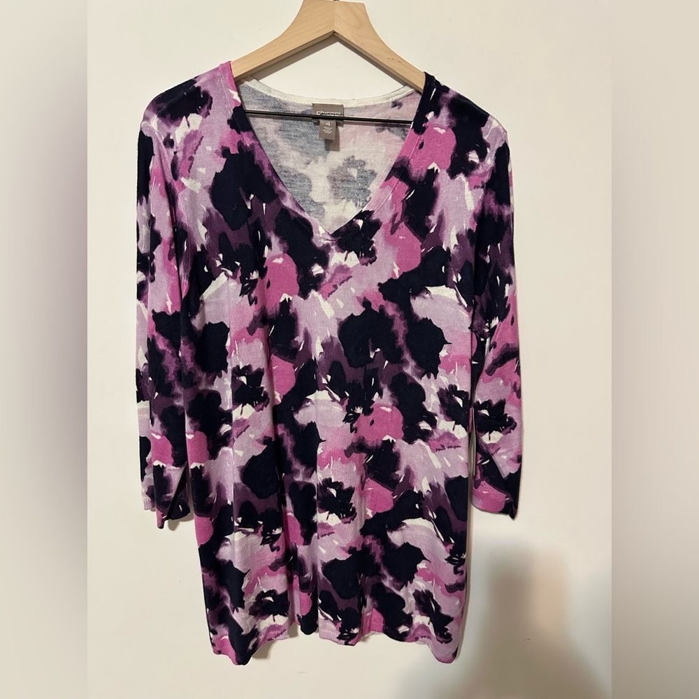 Chico’s Colorful 3/4 Sleeves Sweater SZ 4 V‎ Neck Pullover Top Multi Color